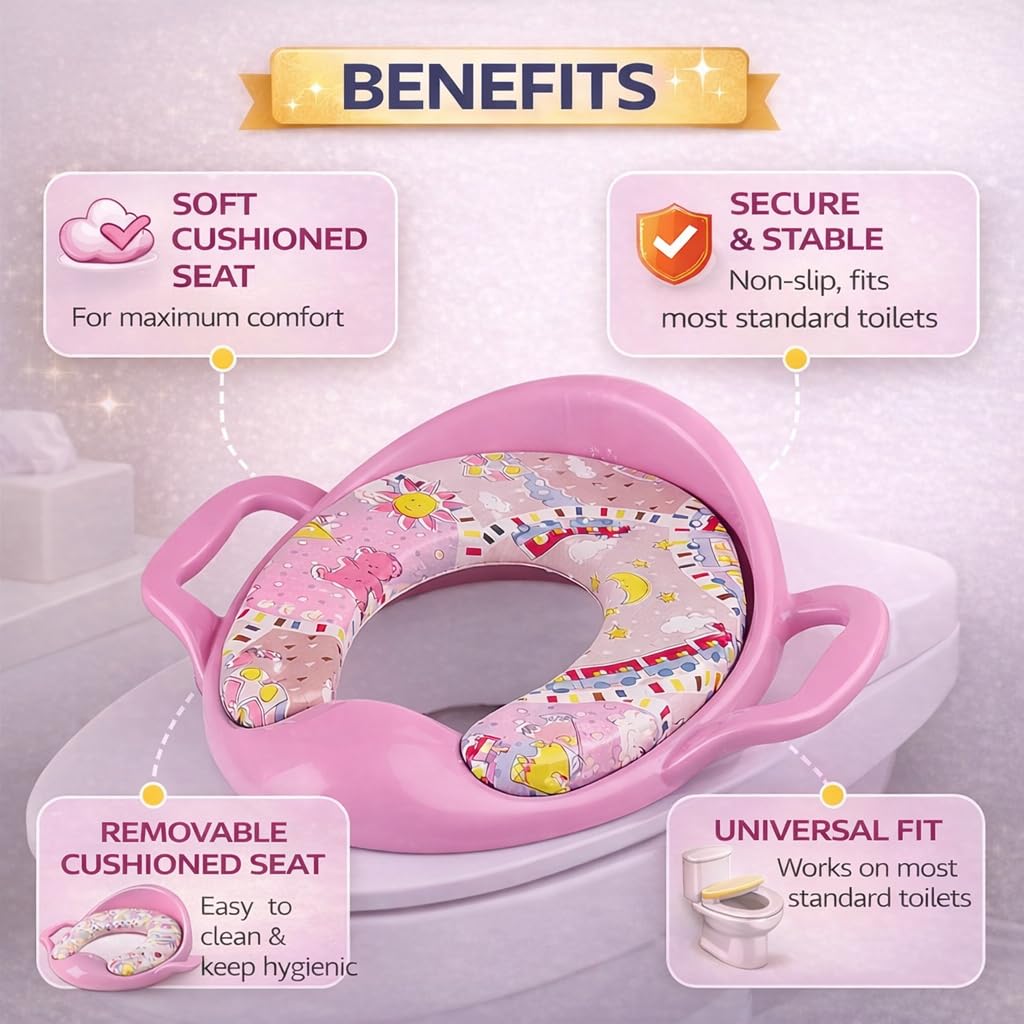 Mommers Kids Toilet Training Seat 1-5 Years Baby Potty Seat with Soft Cushion I Splash Guard I Easy to Clean Seat Cover for Kids I Pink