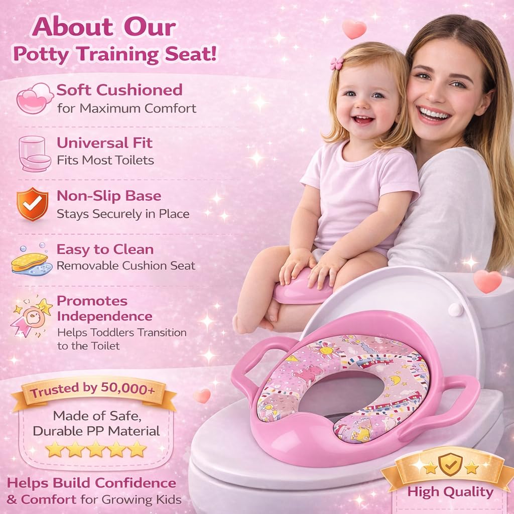 Mommers Kids Toilet Training Seat 1-5 Years Baby Potty Seat with Soft Cushion I Splash Guard I Easy to Clean Seat Cover for Kids I Pink
