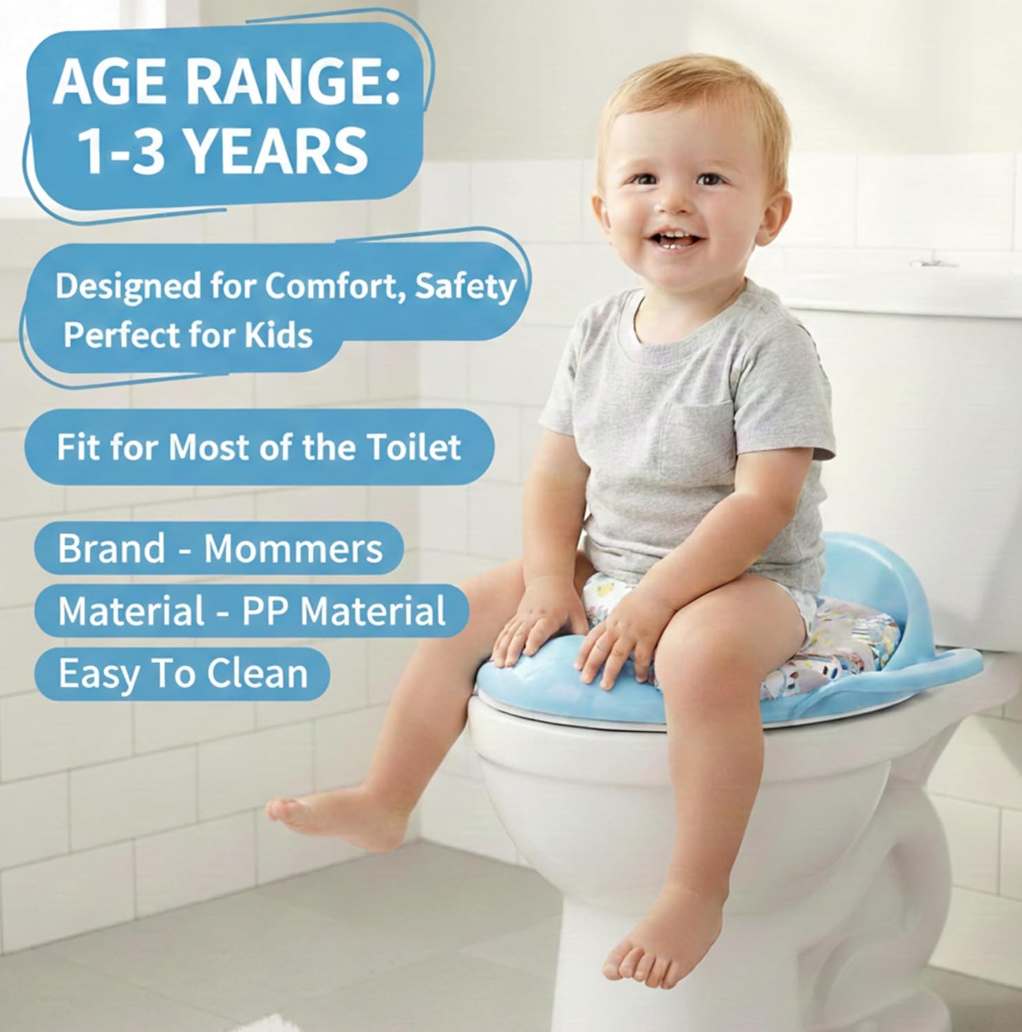 Mommers Kids Toilet Training Seat 1-5 Years Baby Potty Seat with Soft Cushion I Splash Guard I Easy to Clean Seat Cover for Kids I Blue
