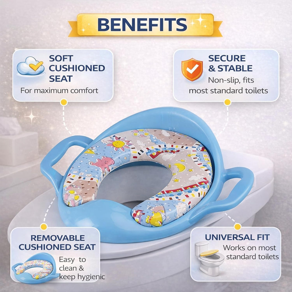 Mommers Kids Toilet Training Seat 1-5 Years Baby Potty Seat with Soft Cushion I Splash Guard I Easy to Clean Seat Cover for Kids I Blue