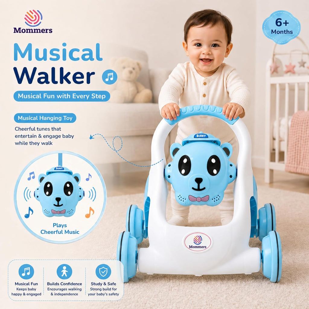Mommers Baby Walker Musical Push Support with Wheels & Handle | Cute Design Activity Walker for Toddlers | Balanced Wheels Walker | Indoor Play