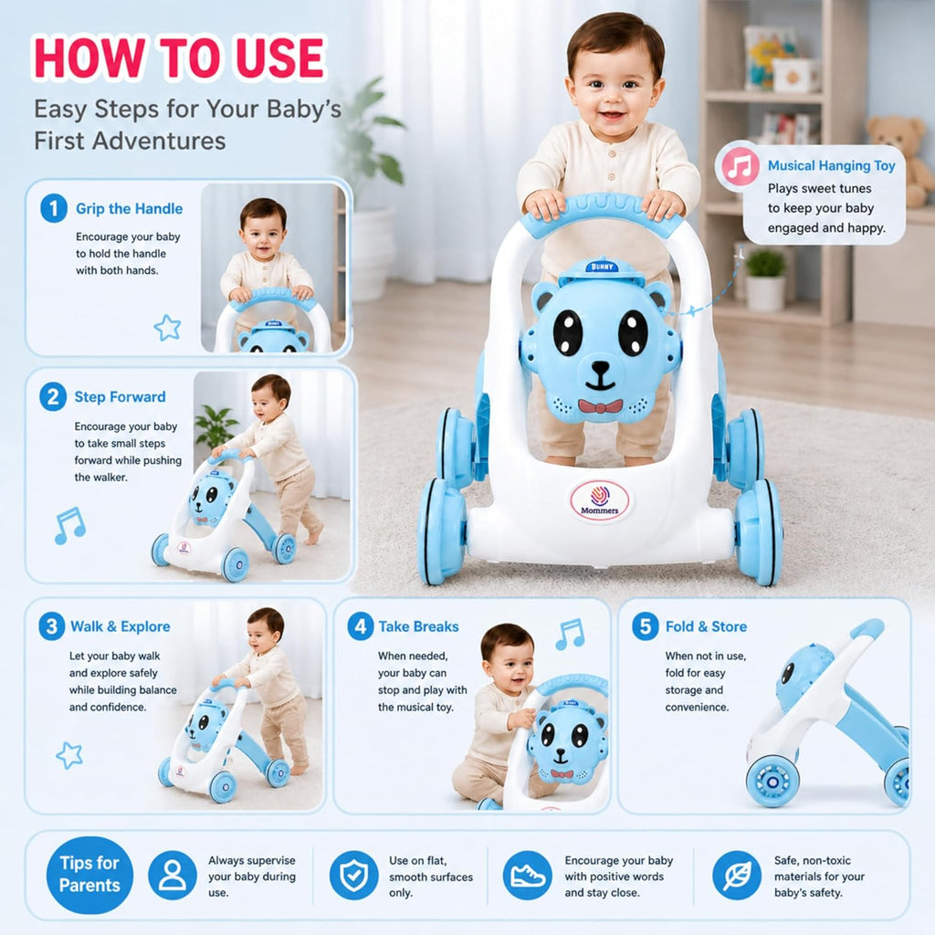 Mommers Baby Walker Musical Push Support with Wheels & Handle | Cute Design Activity Walker for Toddlers | Balanced Wheels Walker | Indoor Play