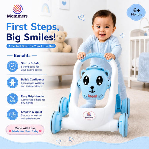 Mommers Baby Walker Musical Push Support with Wheels & Handle | Cute Design Activity Walker for Toddlers | Balanced Wheels Walker | Indoor Play