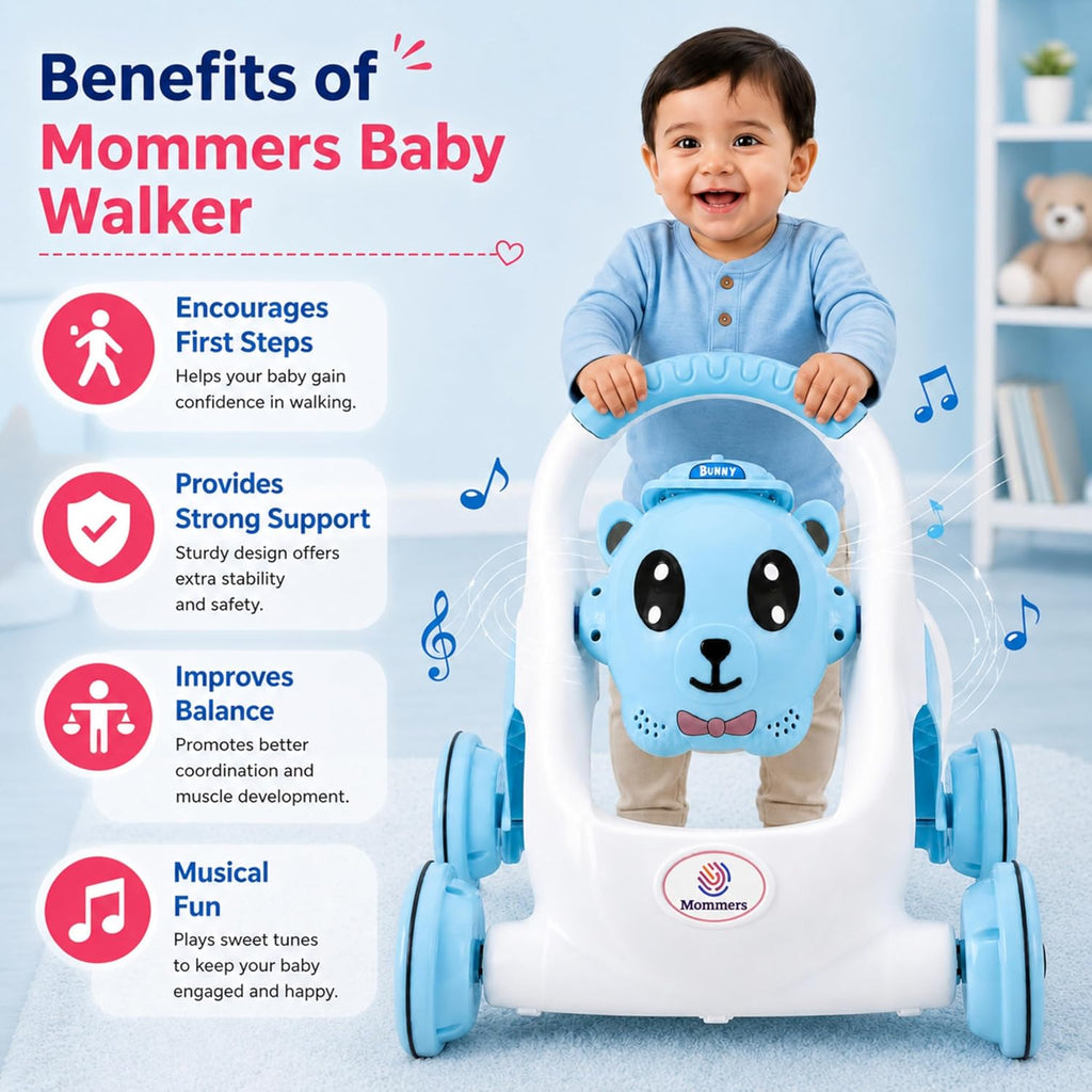 Mommers Baby Walker Musical Push Support with Wheels & Handle | Cute Design Activity Walker for Toddlers | Balanced Wheels Walker | Indoor Play