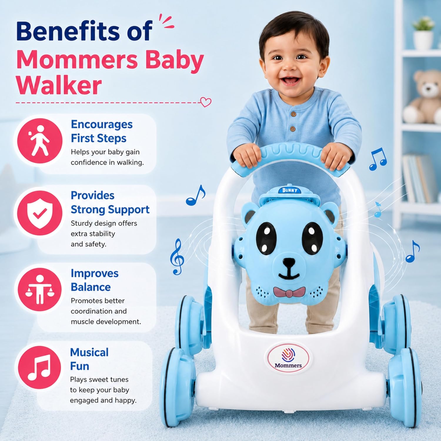 Mommers Baby Walker Musical Push Support with Wheels & Handle | Cute Design Activity Walker for Toddlers | Balanced Wheels Walker | Indoor Play